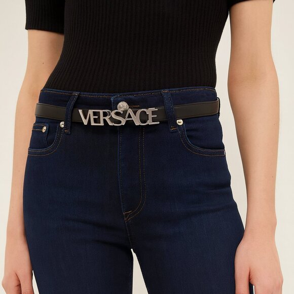 Versace Thin Black Belt Silver Buckle Size 90 - Picture 1 of 6